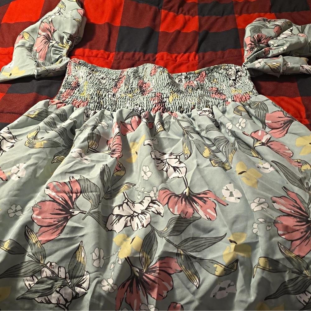 SHEIN Curve Plus 1XL Blue Pink Floral Smocked Off Shoulder A-Line Knee Dress